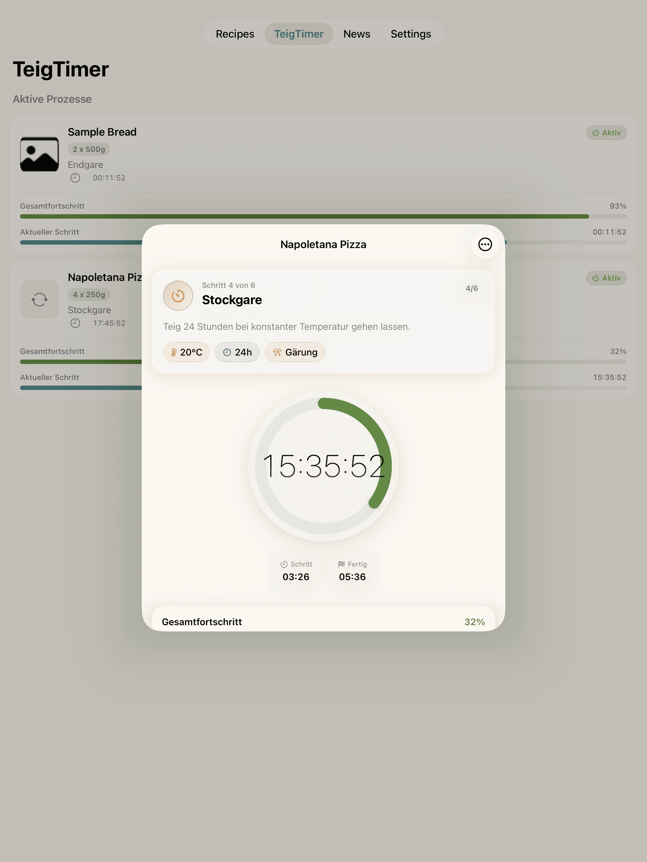 Live countdown for the current fermentation step