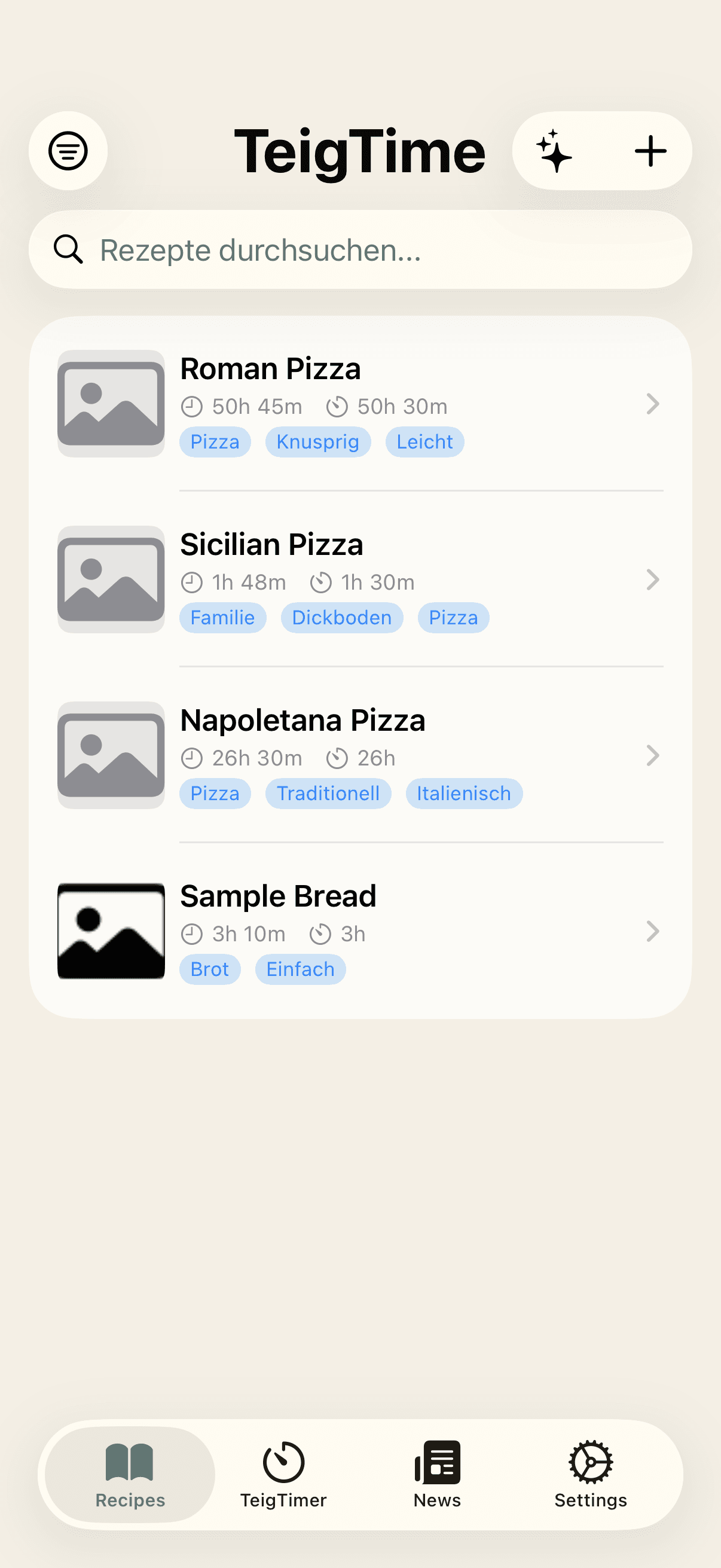 TeigTime recipe list with pizza and bread recipes